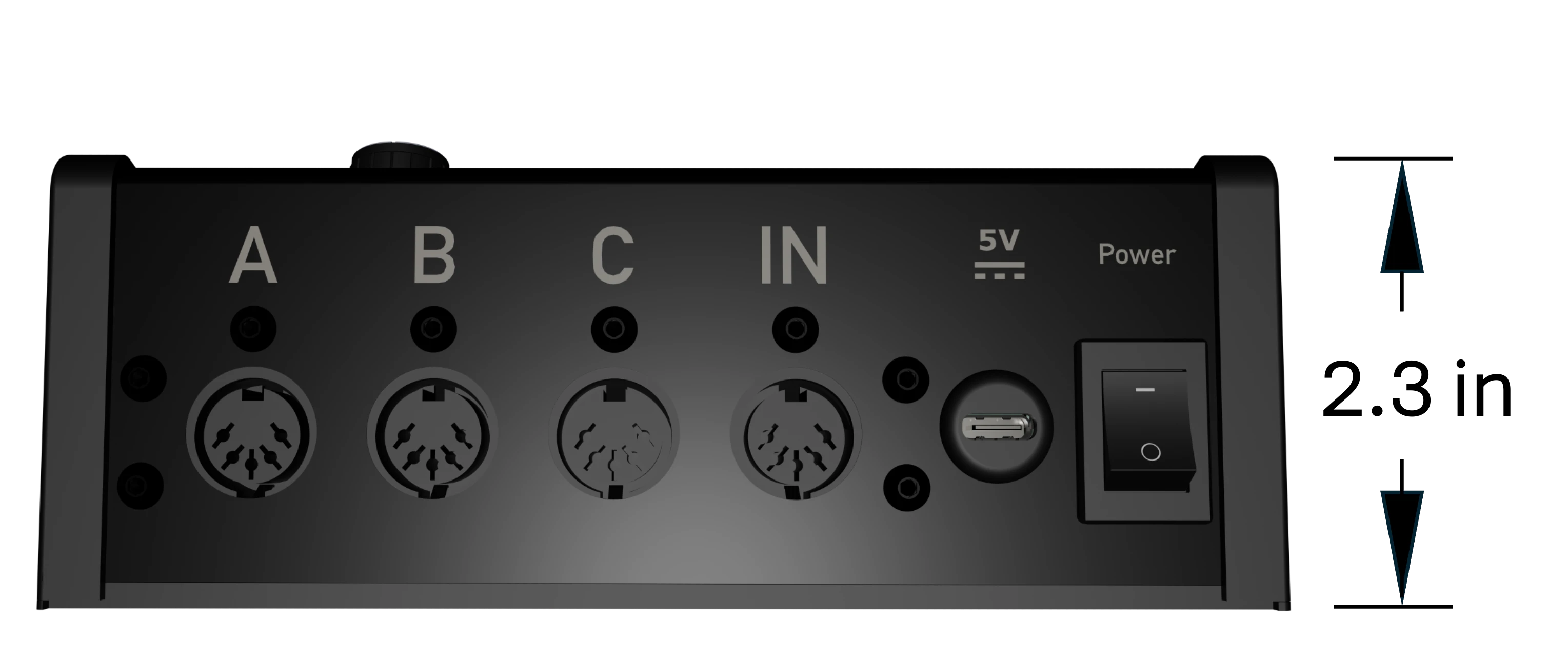 Fourth State FSE 1 — back panel with physical dimensions (2.3 in tall). MIDI OUT A/B/C, MIDI IN, USB-C 5V power, and power switch.