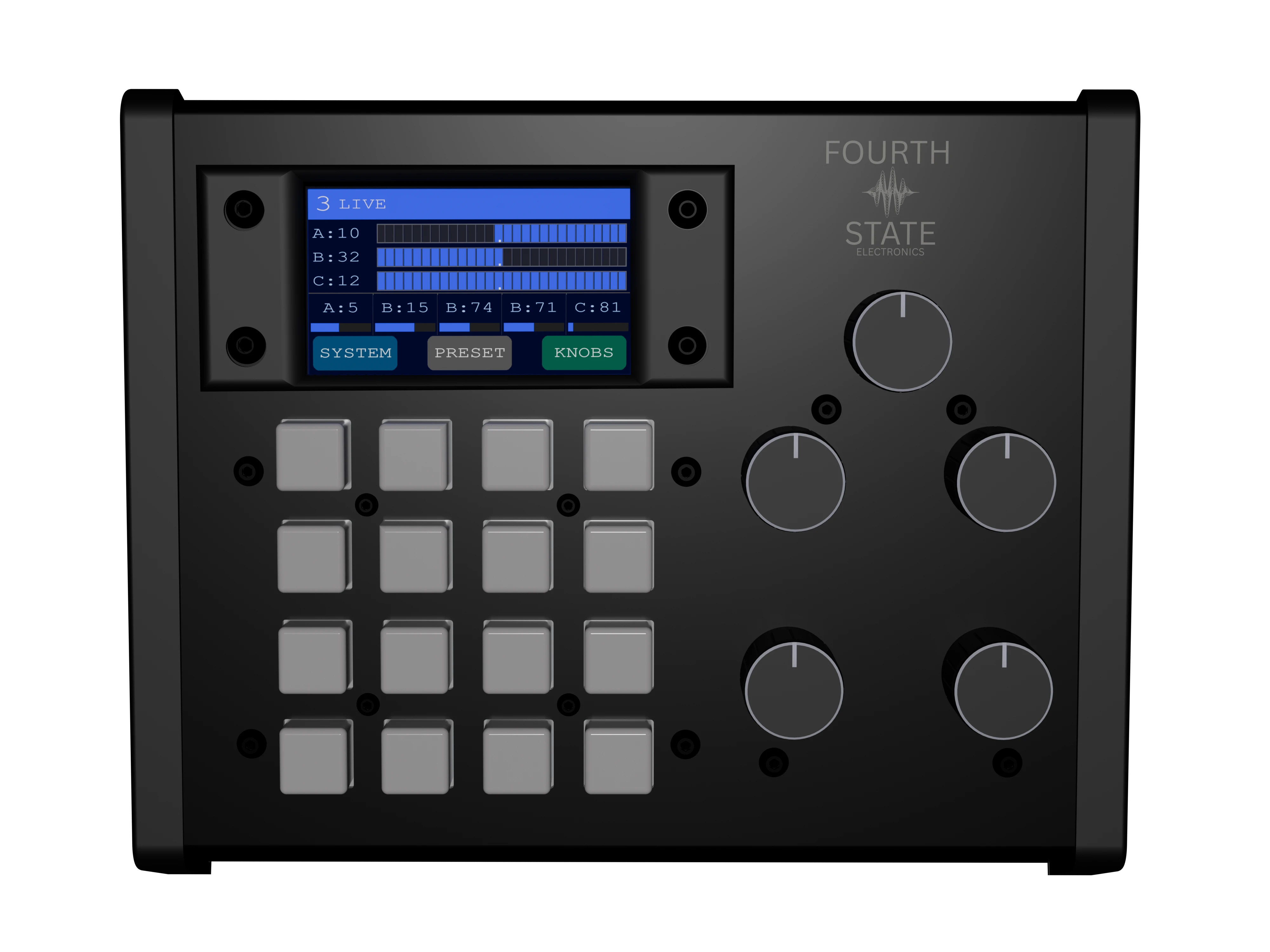Fourth State Electronics FSE 1 MIDI controller — top view showing 16-pad grid, five knobs, and touchscreen